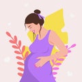 Happy pregnant woman illustration. Beautiful girl in purple dress and stylish hairstyle smiling holds her belly.