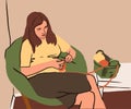 Happy pregnant woman knitting at chair. Hobby courses or workshops for learning knitting. Stay home activity, quarantine and