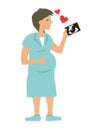Happy pregnant woman looking at her baby ultrasound photo scan