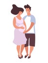 Happy pregnant woman with partner. A man hugs the belly of a pregnant woman. Flat funny cartoon vector illustration of