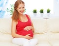 Happy pregnant woman is resting at home on sofa Royalty Free Stock Photo