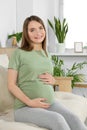 Happy pregnant woman sitting on sofa and touching her belly in living room Royalty Free Stock Photo