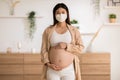 Happy Pregnant Woman wear medical face mask protect virus standing stroking big belly take care baby with love at cozy home, Royalty Free Stock Photo