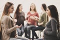 Happy pregnant women are talking together at antenatal class at the hospital