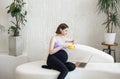 Happy pregnant young adult woman sitting on a sofa, working on a laptop Royalty Free Stock Photo