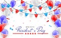 Happy President Day. Hanging Bunting Flags for American Holidays card design. American flag balloons with confetti background. Vec Royalty Free Stock Photo