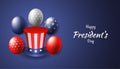 Happy president`s day with realistic uncle sam hat and balloon in dark blue background. Vector illustration for President day in Royalty Free Stock Photo