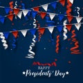 Happy Presidents day background. American flag colors blue, red, and white bunting and confetti. Celebration design concept. Royalty Free Stock Photo