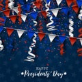 Happy Presidents day background. American flag colors blue, red, and white bunting and confetti. Celebration design concept Royalty Free Stock Photo