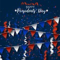 Happy Presidents day background. American flag colors blue, red, and white bunting and confetti. Celebration design concept Royalty Free Stock Photo