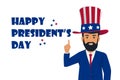 Happy Presidents Day background with man in hat pointing up for President`s day and Independence Day in USA Royalty Free Stock Photo