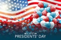 Happy Presidents day banner background. USA waving flag with balloons and stars. American public holiday