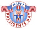 Happy presidents day. Cartoon Uncle Sam holding American flags.