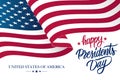 Happy Presidents Day celebrate banner with waving United States national flag and hand lettering holiday greetings. Royalty Free Stock Photo