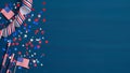 Happy Presidents Day concept. Grosgrain ribbon, American flags and confetti stars on blue background with copy space. Web banner