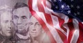 Happy Presidents Day Concept with the US national Flag against a collage American Presidents portraits cut of Dollar