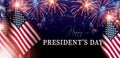 Happy Presidents Day Concept with the US national Flag against a collage of fireworks in the night sky.