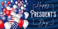Happy Presidents Day poster with flying in the sky balloons on flag