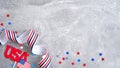 Happy Presidents day sale banner template with American flag, sign USA, grosgrain ribbon, confetti stars Royalty Free Stock Photo