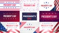 Happy Presidents Day. Set of greeting cards with inscription on USA blue red patriotic background with flags, stars and stripes Royalty Free Stock Photo