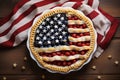 Happy Presidents Day. Sweet fruit and vanilla cream pie with American flag design, selective focus