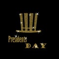 Happy Presidents Day Typography with glitter golden tall hat on a black background. Illustration for cards, banners