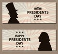 Happy Presidents Day Vintage banner. George Washington and Abraham Lincoln silhouettes with flag as background. Royalty Free Stock Photo