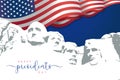 Happy Presidents Day with waving flag USA and Mount Rushmore