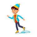 happy preteen boy riding skates on ice rink cartoon vector