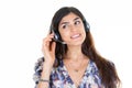 Happy pretty call center consultant woman with head set phone headset in white background Royalty Free Stock Photo