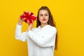 Happy pretty girl with long chestnut hair holding gift box wondering whats inside as celebrating birthday, receive b-day presents Royalty Free Stock Photo