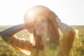 Happy pretty woman with hat smiling and enjoying summer Royalty Free Stock Photo