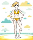 Happy pretty young blonde woman standing on tropical beach and wearing swimming suit. Vector character.