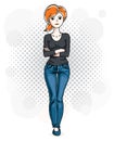 Happy pretty young redhead woman standing on modern background with bubbles and wearing casual clothes.