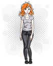 Happy pretty young redhead woman standing on modern background w Royalty Free Stock Photo