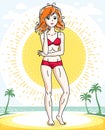 Happy pretty young redhead woman standing on tropical beach with Royalty Free Stock Photo