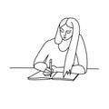 Happy pretty young woman or girl with long hair writing diary sitting at the working desk. Vector illustration character