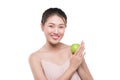 Happy pretty young woman show apple benefit to health, asian beauty