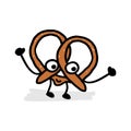 Happy pretzel mascot. Hand drawn character of a baked crisp biscuit with face and hands. Childish drawing. Isolated vector Royalty Free Stock Photo