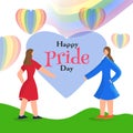 Happy Pride Day concept with young lesbian couple and rainbow color hot air balloons.