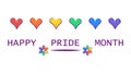 Happy pride month banner with text, hearts, rainbow colors