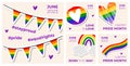 Happy pride month banners set. LGBT rainbow, heart, flag, tags