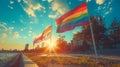 HAPPY PRiDE MONTH 2023\' on bluesky and rainbow flags background, concept for LGBTQ+ celebrations in pride month, June, 2023