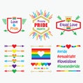 Happy Pride Month icons, flags, emblems, and design elements set on white