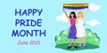 Happy pride month June 2021. Horizontal website banner header template. Two lesbians with rainbow flag at the gay parade
