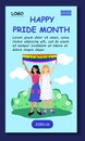 Happy pride month. LGBT mobile app template. Lesbian family two young women with rainbow flag. Web site design easy to edit and c