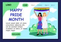 Happy pride month. Lgbt website template. Lesbian family two young women with rainbow flag. Stock vector modern flat concept