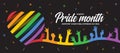 Happy pride month - rainbow pride ribbon roll heart shape with hands raised and on black background vector design