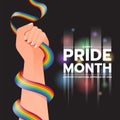 Happy Pride month, support everyone oppress no one - text and rainbow pride ribbon hands holding around on dark background vector