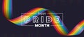 Happy Pride month text and rainbow pride ribbon roll wave on circle dot texture and dark background vector design